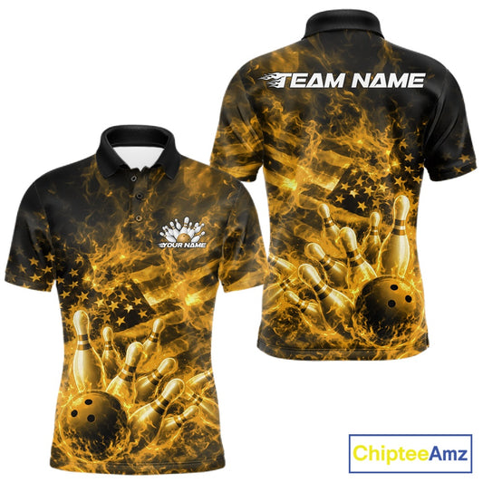 Front and back mens black and yellow bowling polo featuring a bowling ball crashing through pins with flames and flag accents.