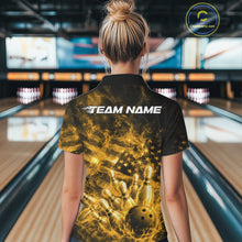 Load image into Gallery viewer, Custom Yellow Fire Patriotic Bowling Women Polo Shirt, American Flag Flame Bowling Jersey IPHW11108