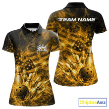 Load image into Gallery viewer, Custom Yellow Fire Patriotic Bowling Women Polo Shirt, American Flag Flame Bowling Jersey IPHW11108