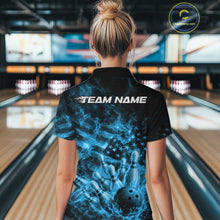 Load image into Gallery viewer, Custom Blue Fire Patriotic Bowling Women Shirt, American Flag Flame Bowling Jersey IPHW11109