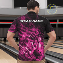 Load image into Gallery viewer, Custom Pink Fire Patriotic Bowling Men Quarter-Zip Shirt, American Flag Flame Bowling Jersey IPHW11110