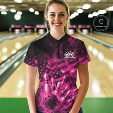 Load image into Gallery viewer, Custom Pink Fire Patriotic Bowling Women Shirt, American Flag Flame Bowling Jersey IPHW11110