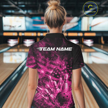 Load image into Gallery viewer, Custom Pink Fire Patriotic Bowling Women Shirt, American Flag Flame Bowling Jersey IPHW11110