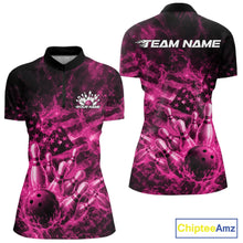 Load image into Gallery viewer, Custom Pink Fire Patriotic Bowling Women Shirt, American Flag Flame Bowling Jersey IPHW11110
