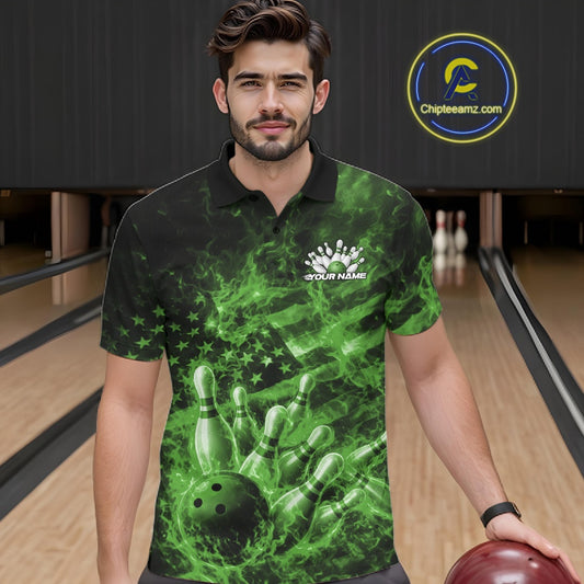 Male model wearing a black and green bowling polo in a bowling lane with fiery bowling strike artwork and patriotic accents.