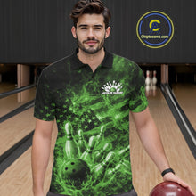 Load image into Gallery viewer, Custom Green Fire Patriotic Bowling Men Polo Shirt, American Flag Flame Bowling Jersey IPHW11111