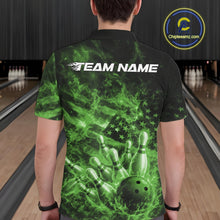 Load image into Gallery viewer, Custom Green Fire Patriotic Bowling Men Polo Shirt, American Flag Flame Bowling Jersey IPHW11111