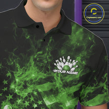 Load image into Gallery viewer, Custom Green Fire Patriotic Bowling Men Polo Shirt, American Flag Flame Bowling Jersey IPHW11111