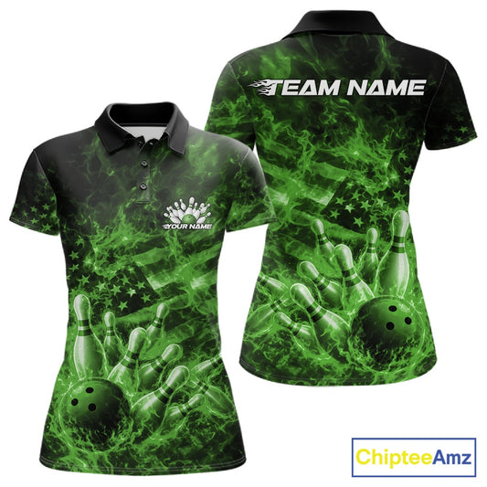 Front and back womens black and green bowling polo featuring a bowling ball crashing through pins with flames and an American flag background.