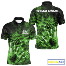 Load image into Gallery viewer, Custom Green Fire Patriotic Bowling Men Polo Shirt, American Flag Flame Bowling Jersey IPHW11111