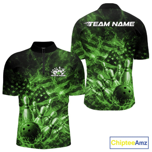 Front and back mens black and green bowling quarter-zip featuring a bowling ball crashing through pins with flames and an American flag background.