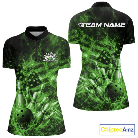 Front and back womens black and green bowling quarter-zip featuring a bowling ball crashing through pins with flames and an American flag background.
