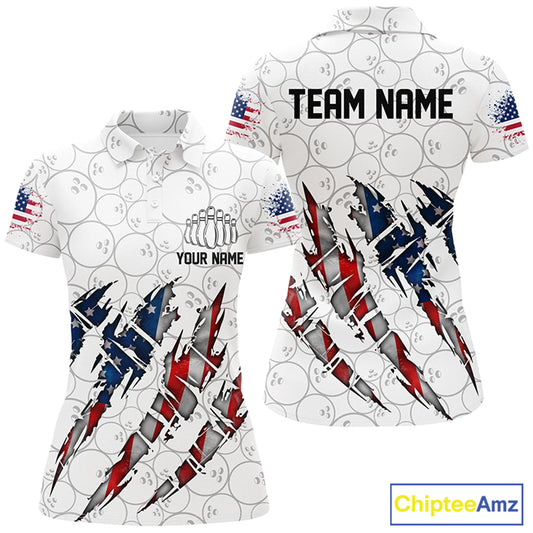 Custom American Flag Patriotic Bowling Shirts For Women, Personalized Bowling Team Shirts IPHW7044