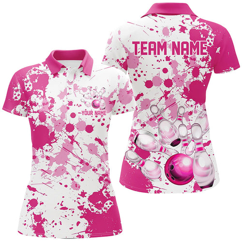 Custom Pink Bowling Polo Shirts For Women, Bowling Team Shirts Bowling Jerseys With Name IPHW7052