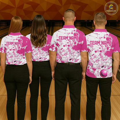 Custom Pink Bowling Polo Shirts For Men, Bowling Team Shirts Bowling Jerseys With Name IPHW7052