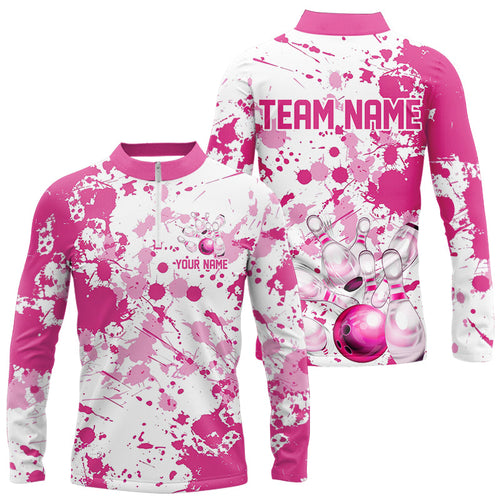 Custom Pink Bowling Long Sleeve Quarter-Zip Shirts For Men, Splatter Bowling Team Jersey With Name IPHW7052
