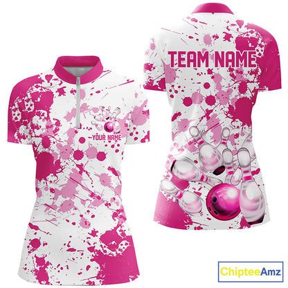 Custom Pink Bowling Polo Shirts For Women, Bowling Team Shirts Bowling Jerseys With Name IPHW7052