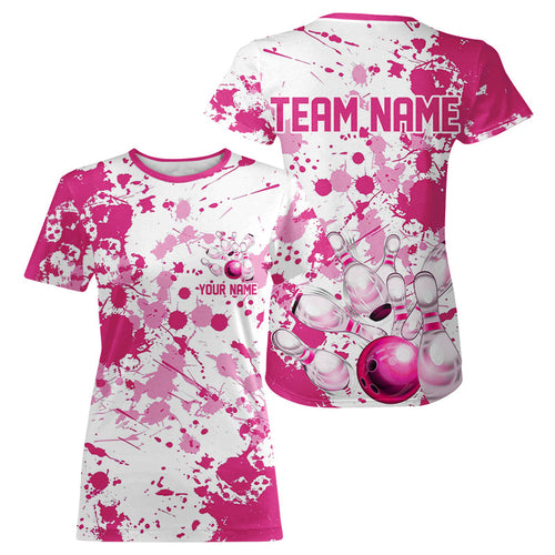 Custom Pink Bowling T-Shirts For Women, Splatter Bowling Team Jerseys With Name IPHW7052