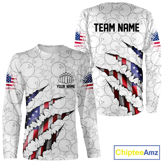 Custom Patriotic Long Sleeve Bowling Shirts For Men And Women, American Flag Usa Bowling League Shirts IPHW5523