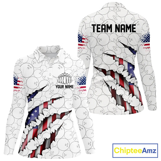 Custom Patriotic Long Sleeve Bowling Shirts For Women, American Flag Usa Bowling League Shirt IPHW5523