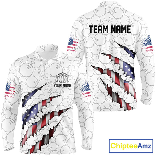 Custom Patriotic Long Sleeve Bowling Shirts For Men, American Flag Usa Bowling League Shirts IPHW5523