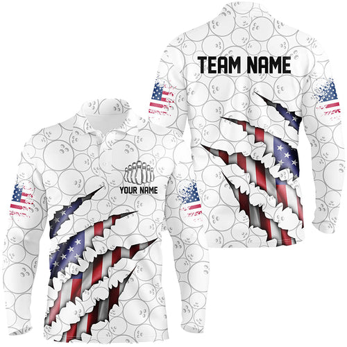 Custom Patriotic Long Sleeve Bowling Shirts For Men, American Flag Usa Bowling League Shirts IPHW5523