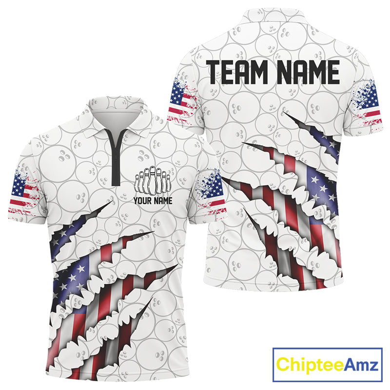 Personalized American Flag Bowling Men Team Shirts, Patriotic Bowling Quarter-Zip Polo Shirts IPHW5523