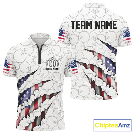 Personalized American Flag Bowling Men Team Shirts, Patriotic Bowling Quarter-Zip Polo Shirts IPHW5523