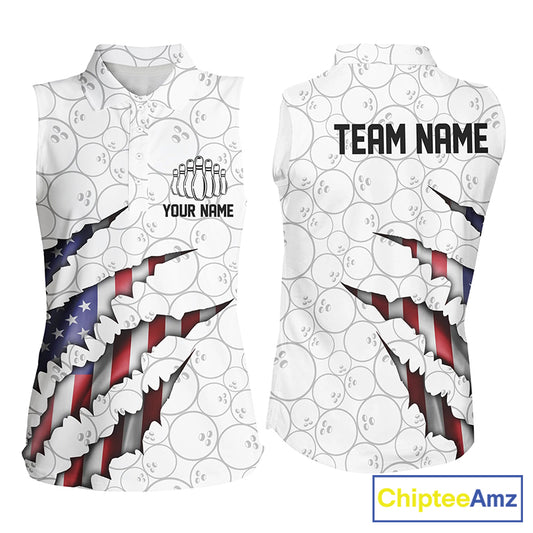 Custom Patriotic Sleeveless Bowling Shirts For Women, American Flag Usa Bowling League Shirt IPHW5523