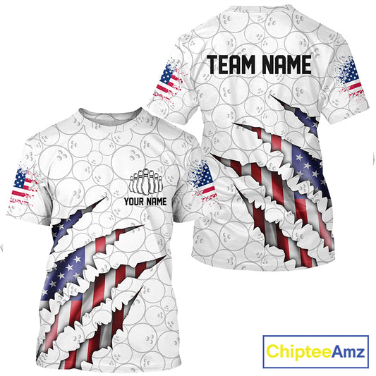 Personalized American Flag US Bowling Team T-Shirts For Men Patriotic Bowling Gifts IPHW5523