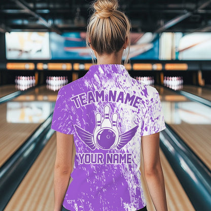 Personalized White And Purple Bowling Team Polo Shirt For Women, Bowling Tournament Outfits IPHW8744