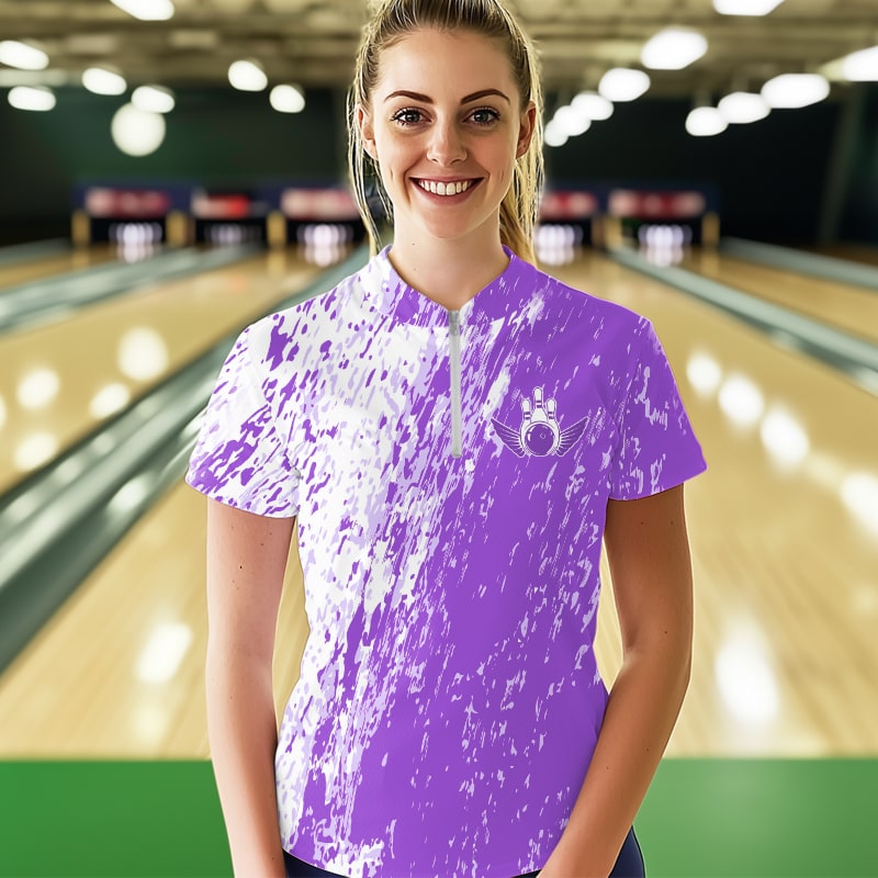 Personalized White And Purple Bowling Women Quarter-Zip Shirt, Bowling Tournament Outfits IPHW8744