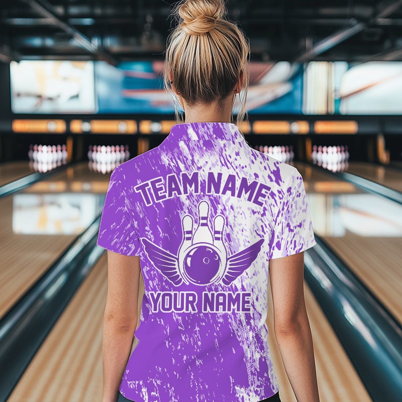 Personalized White And Purple Bowling Women Quarter-Zip Shirt, Bowling Tournament Outfits IPHW8744