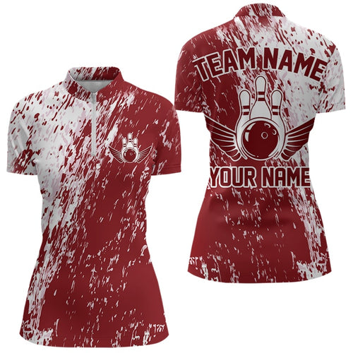 Custom White And Brick Red Bowling Quarter-Zip Shirts For Women, Bowling Tournament Outfits IPHW8746