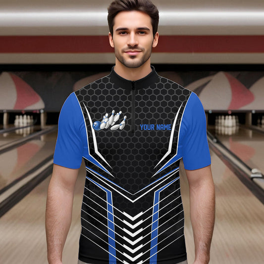 Custom Black And Blue Eagle Bowling Jerseys, Bowling Team Men Quarter-Zip Shirts Bowlers Outfits IPHW8750
