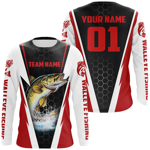 Walleye Fishing Long Sleeve Tournament Shirts For Fishing Team With Custom Name And Number | Red IPHW6238