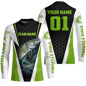 Pike Fishing Long Sleeve Tournament Shirts For Fishing Team With Custom Name And Number | Green IPHW6239