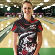 Load image into Gallery viewer, Custom Black And Red Shark Bowling Team Polo Shirts For Women, Bowling League Shirt IPHW9002
