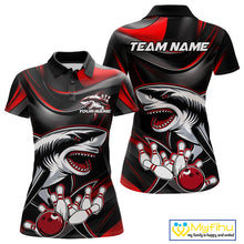 Load image into Gallery viewer, Custom Black And Red Shark Bowling Team Polo Shirts For Women, Bowling League Shirt IPHW9002