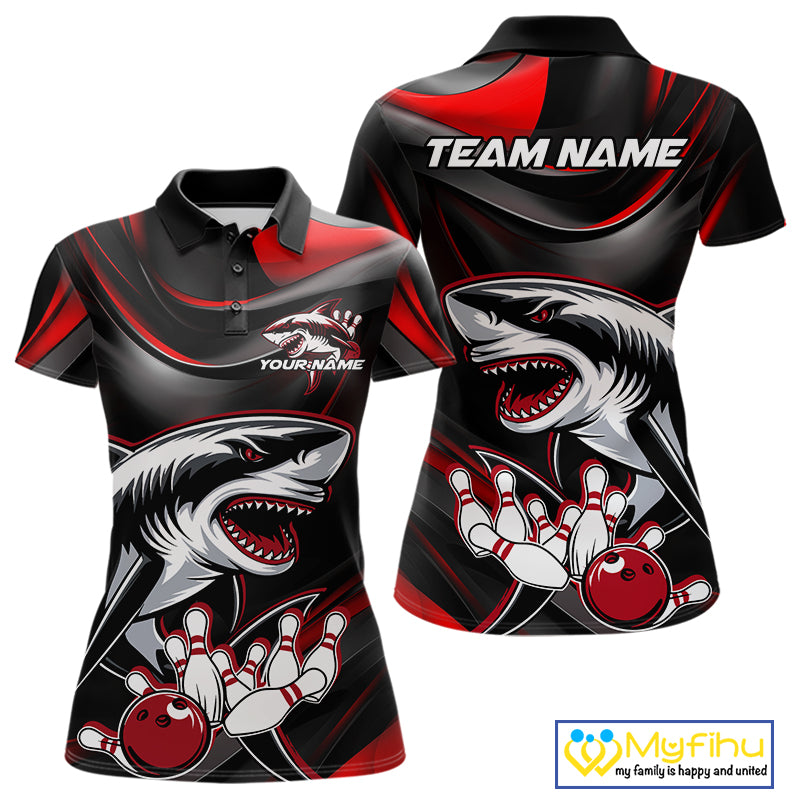 Custom Black And Red Shark Bowling Team Polo Shirts For Women, Bowling League Shirt IPHW9002