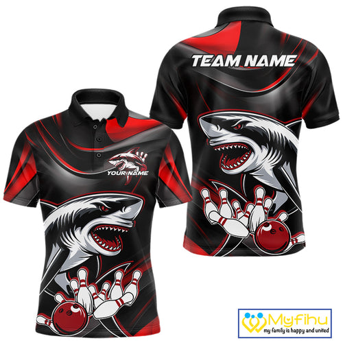 Custom Black And Red Shark Bowling Team Polo Shirts For Men, Bowling League Shirt IPHW9002