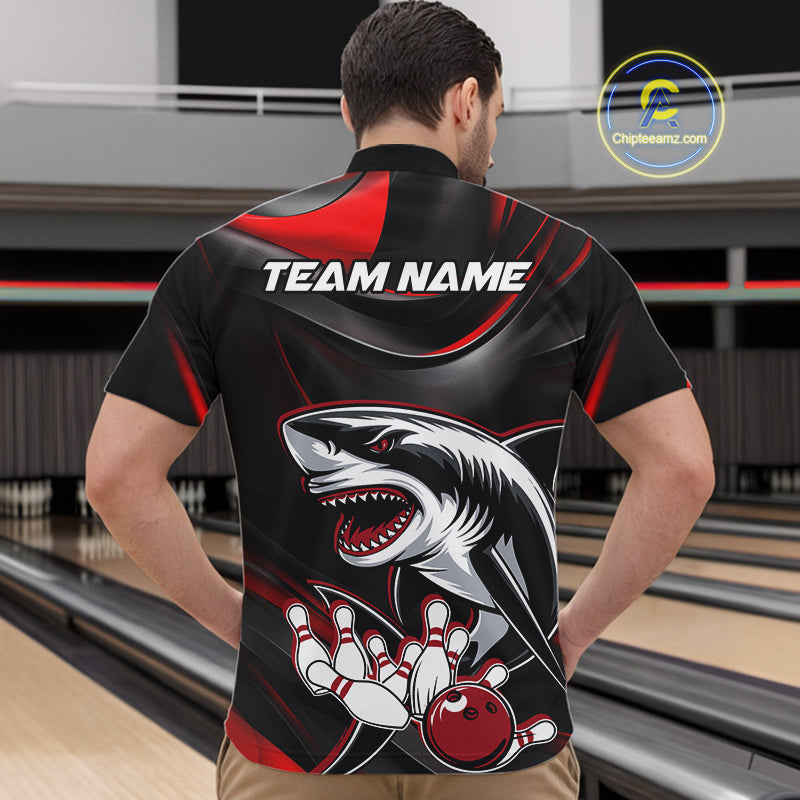 Custom Black And Red Shark Bowling Team Quarter-Zip Shirts For Men, Bowling League Shirt IPHW9002