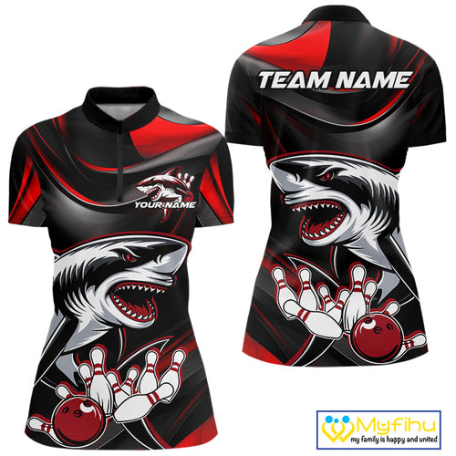 Custom Black And Red Shark Bowling Team Women Quarter-Zip Shirt, Bowling League Shirt IPHW9002