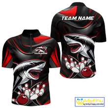 Load image into Gallery viewer, Custom Black And Red Shark Bowling Team Quarter-Zip Shirts For Men, Bowling League Shirt IPHW9002