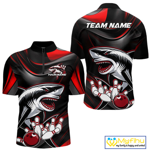 Custom Black And Red Shark Bowling Team Quarter-Zip Shirts For Men, Bowling League Shirt IPHW9002