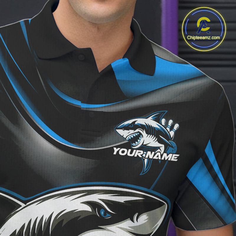 Custom Black And Blue Shark Bowling Team Polo Shirts For Men, Bowling League Shirt IPHW9003