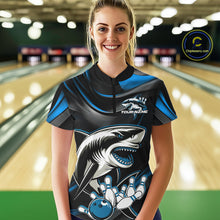 Load image into Gallery viewer, Custom Black And Blue Shark Bowling Team Women Quarter-Zip Shirt, Bowling League Shirt IPHW9003