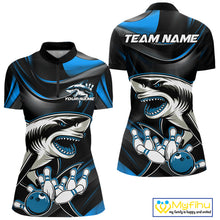 Load image into Gallery viewer, Custom Black And Blue Shark Bowling Team Women Quarter-Zip Shirt, Bowling League Shirt IPHW9003