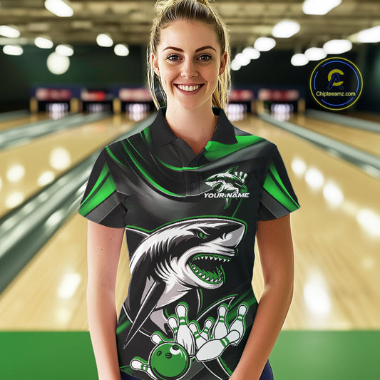 Custom Black And Green Shark Bowling Team Polo Shirts For Women, Bowling League Shirt IPHW9004