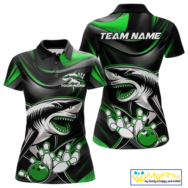 Custom Black And Green Shark Bowling Team Polo Shirts For Women, Bowling League Shirt IPHW9004